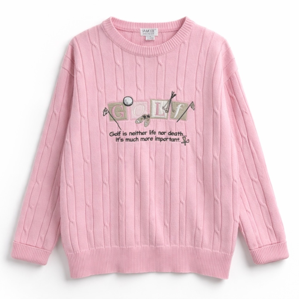 Vintage La Mode Pink Golf Sweater M Cable Knit 100% Cotton Country Club Preppy